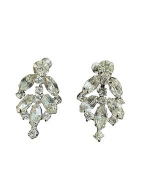 Vintage Clear Crystal Drop Screw Back Earrings - Silver Tone Art Deco